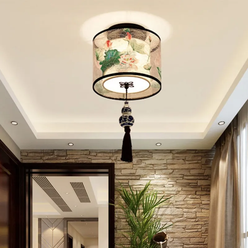 4 Types Chinese Style LED Light Fixtures Ceiling Fabric Ceiling Lamp for Living Room Aisle Balcony Porch