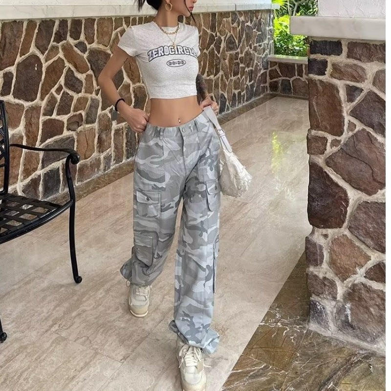 Spring And Autumn Spice Girls High Street Loose Outing Daily Pants Camouflage Print Drawstring Pocket Design Overalls
