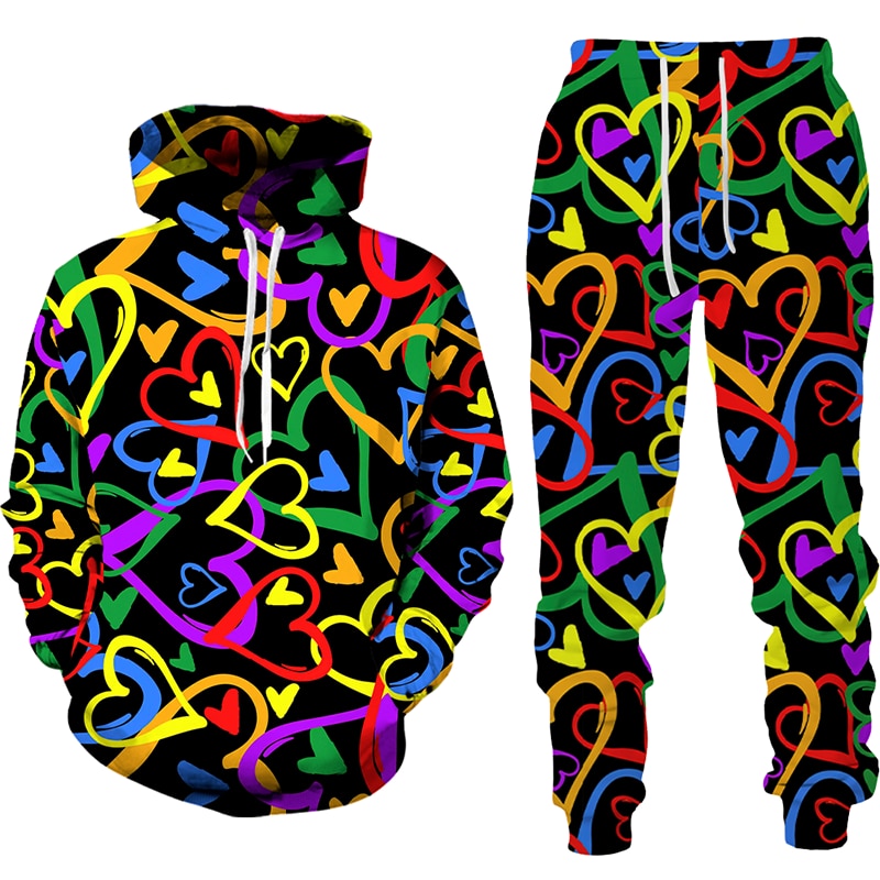 Women 2 Piece Sets Spring Autumn New Love Graffiti 3D Printed Hooded Pullover+Long Pants Oversized Hoodies Female Clothing
